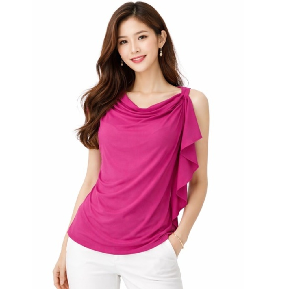 The Limited Fuchsia Pink Cowl Neck‎ Ruffle Asymmetric Top M Cottagecore 65-06